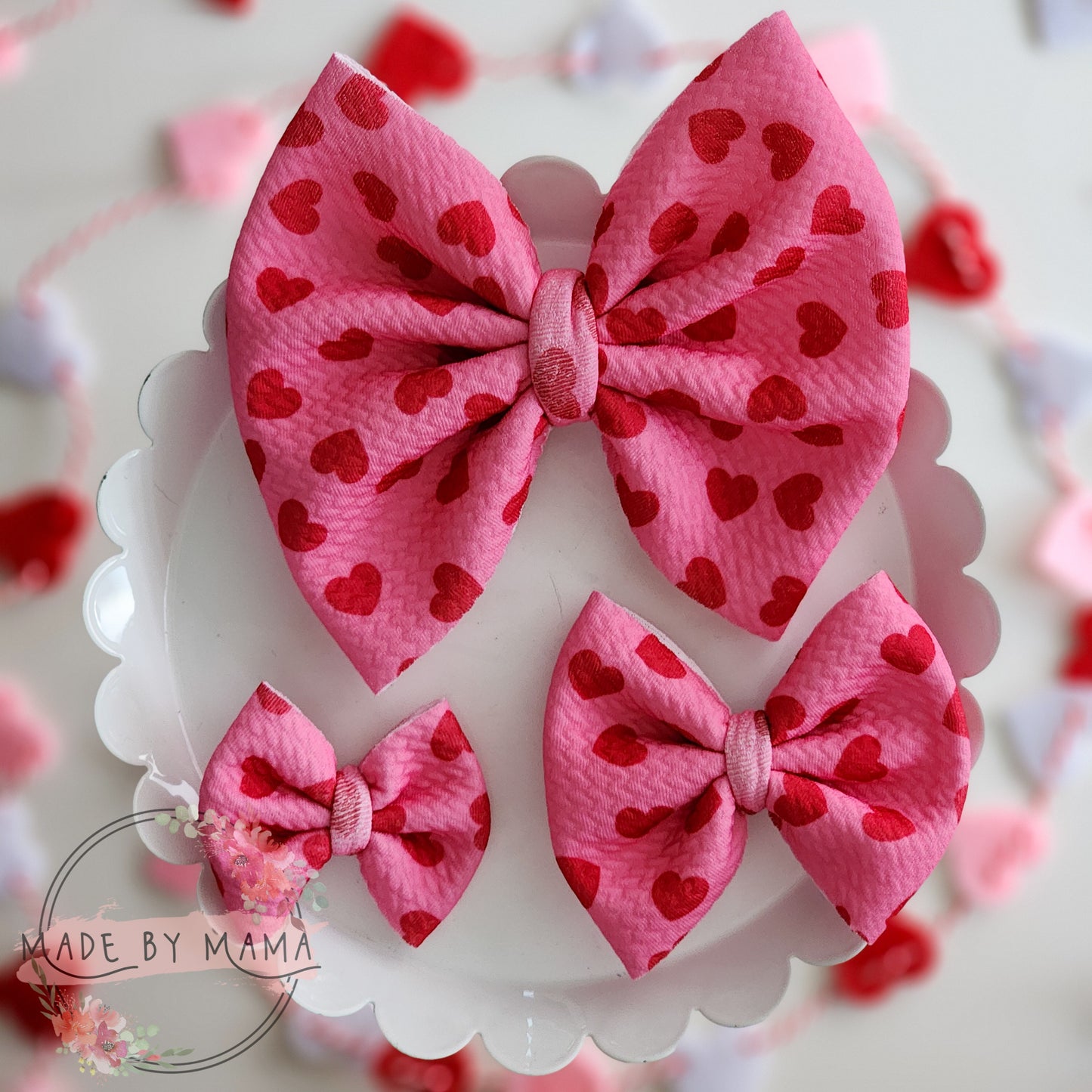 Pink w/ Red Hearts Bullet Bows