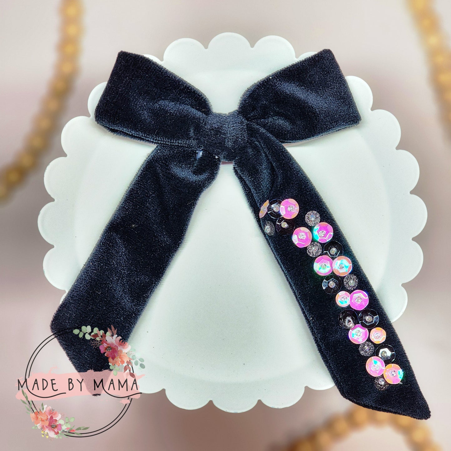 Black Sequin Velvet Long Tail Handtied Bow