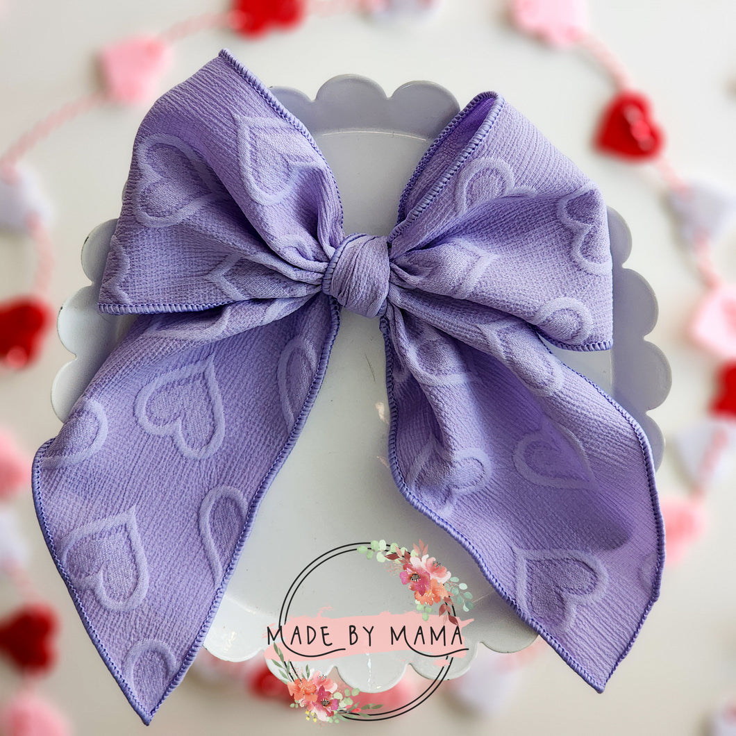 Purple Embroidered Hearts Handtied Bow