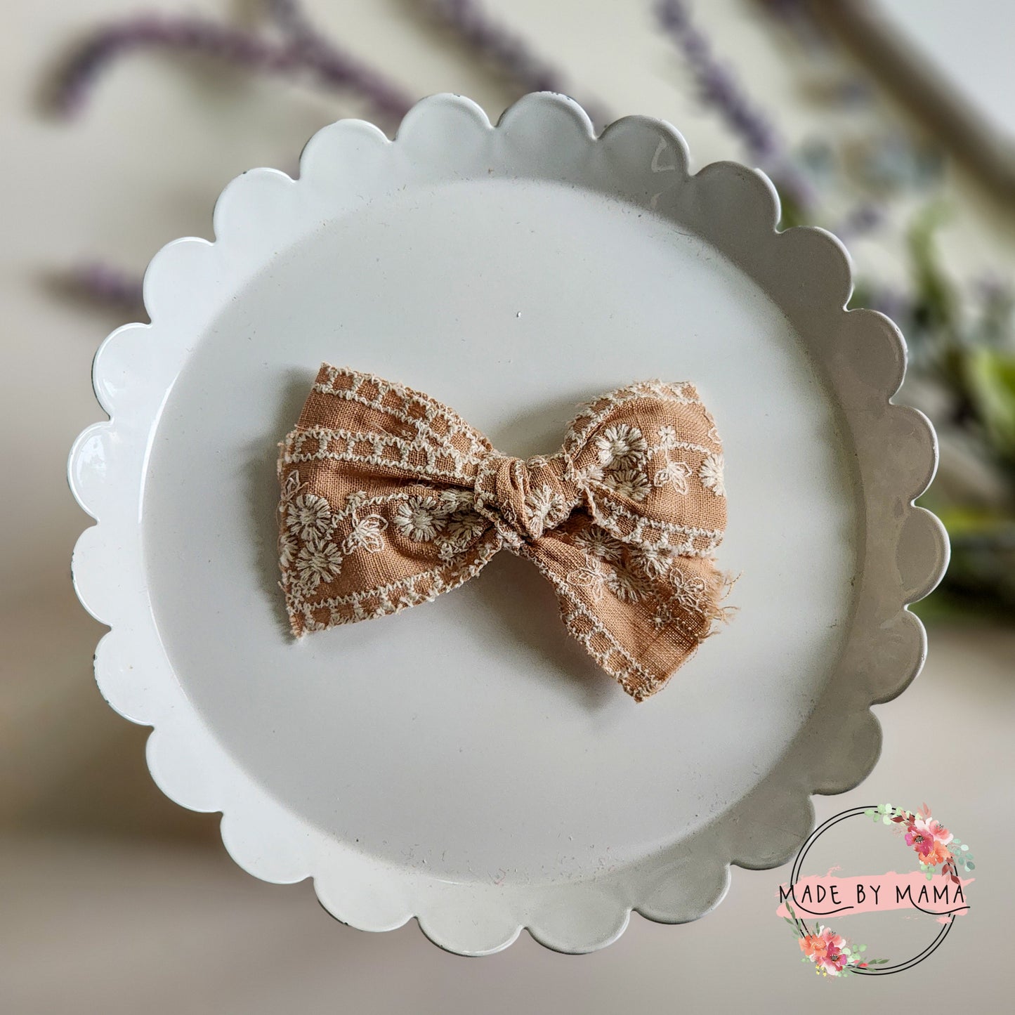 Tan Linen Embroidered Handtied Bow