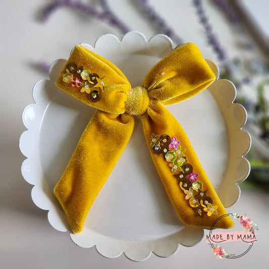 Mustard Velvet Handtied Bow