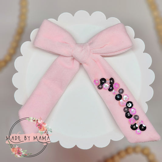 Pink Sequin Velvet Long Tail Handtied Bow