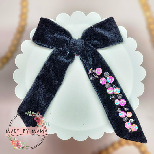 Black Sequin Velvet Long Tail Handtied Bow