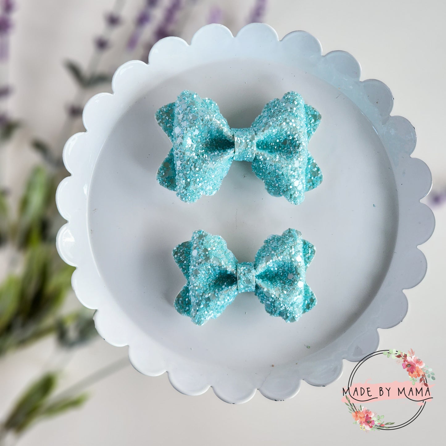 Pastel Aqua Frosted Glitter Scallop Bow